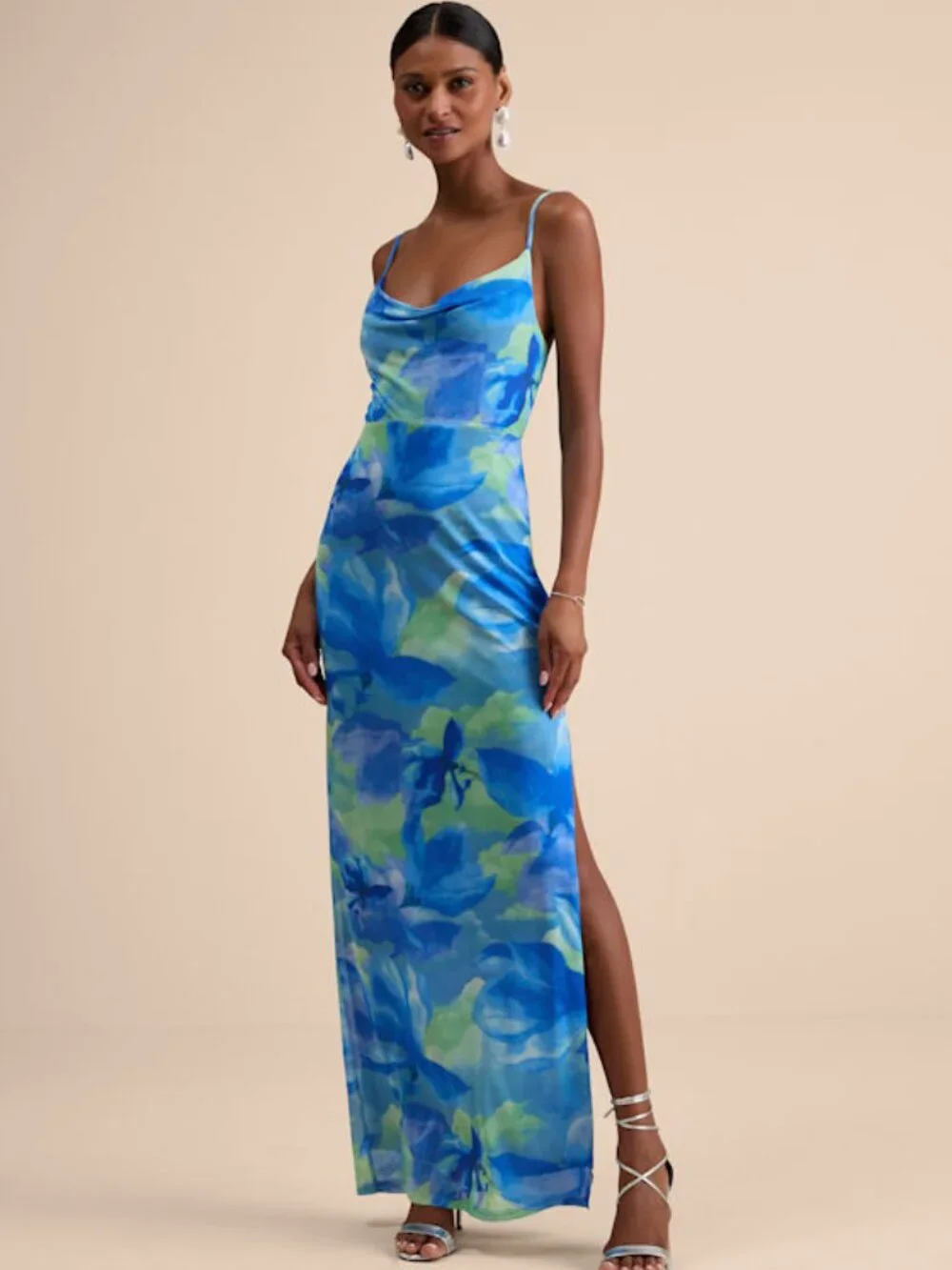 Lulus Sunniva Blue Multi Print Mesh Cowl Maxi Dress - Size XS - Picture 1 of 1